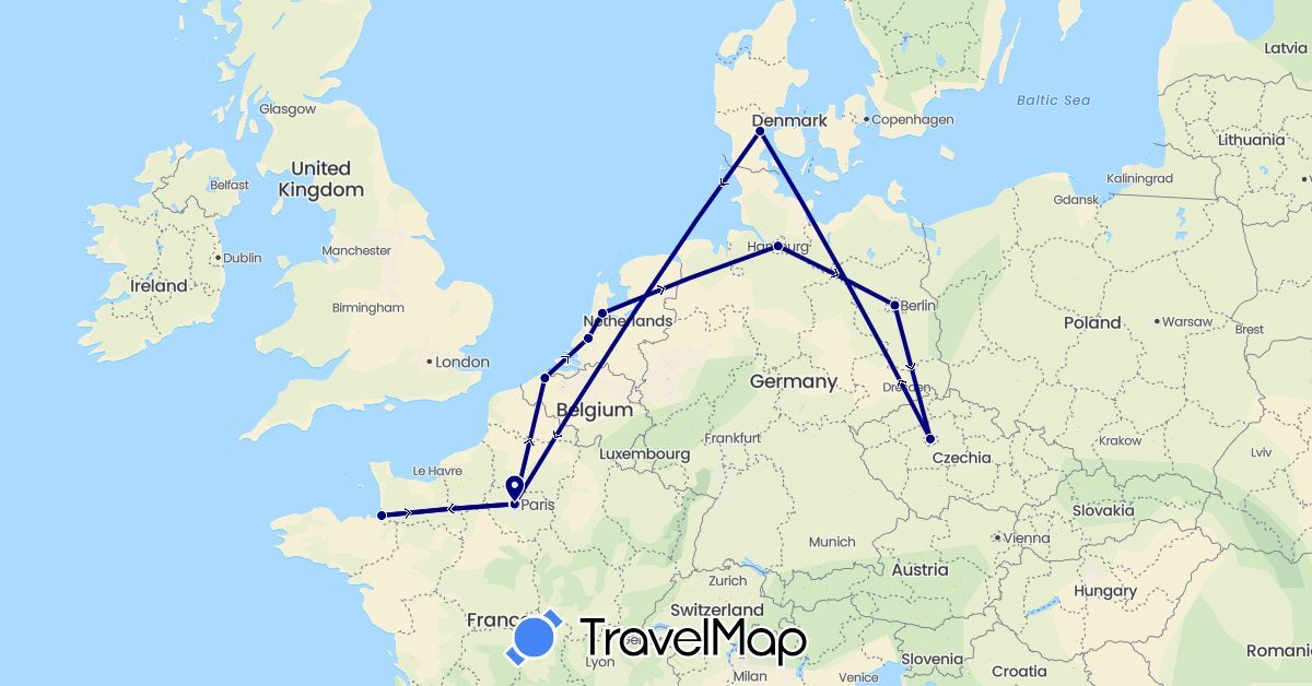 TravelMap itinerary: driving in Belgium, Czech Republic, Germany, Denmark, France, Netherlands (Europe)